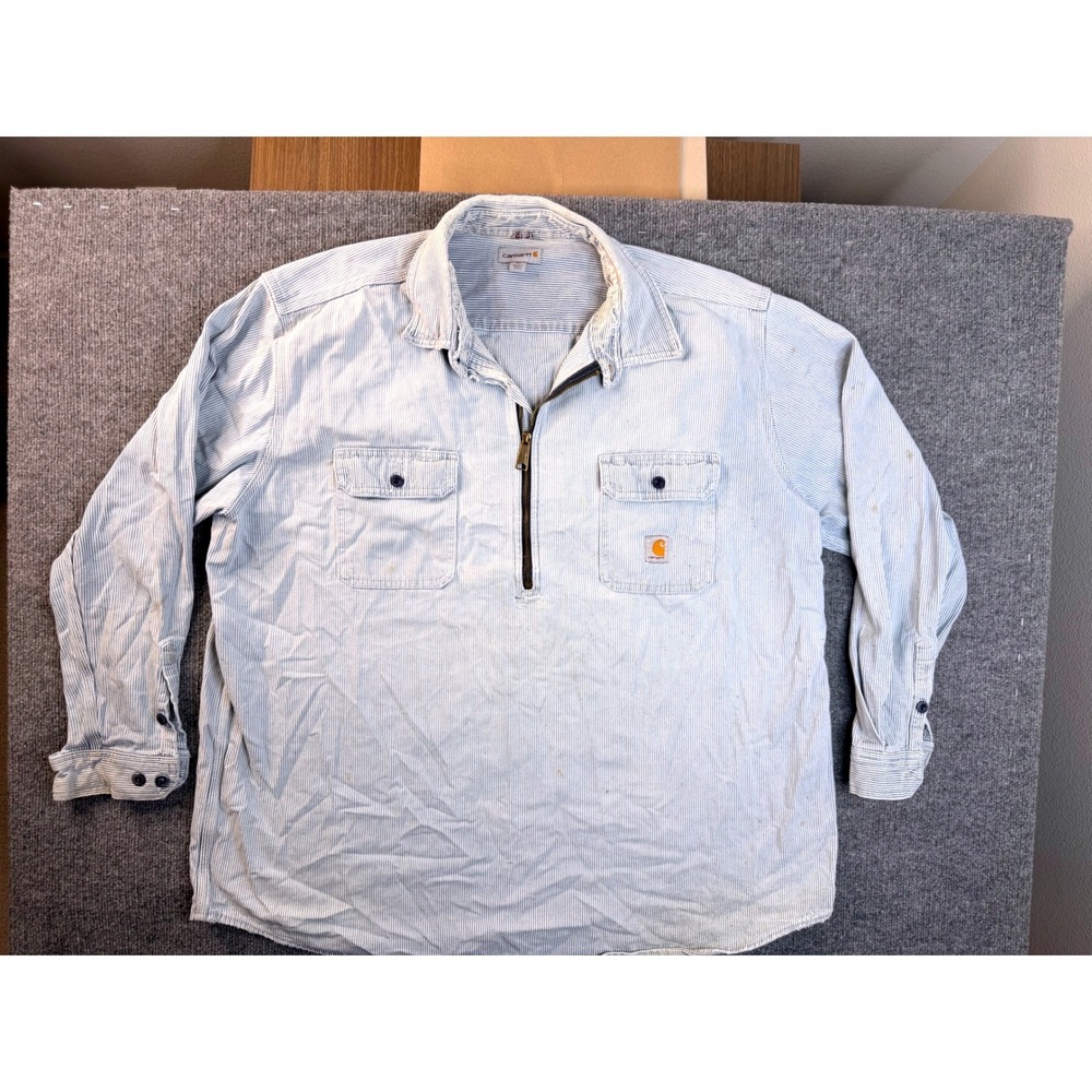Carhartt Mens 3XL Tall Hickory Stripe Quarter Zip Work Shirt Distressed Flaw